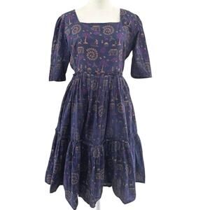 The Handloom Project Boho Folk Print Square Neck Midi Dress Blue Purple ruffled